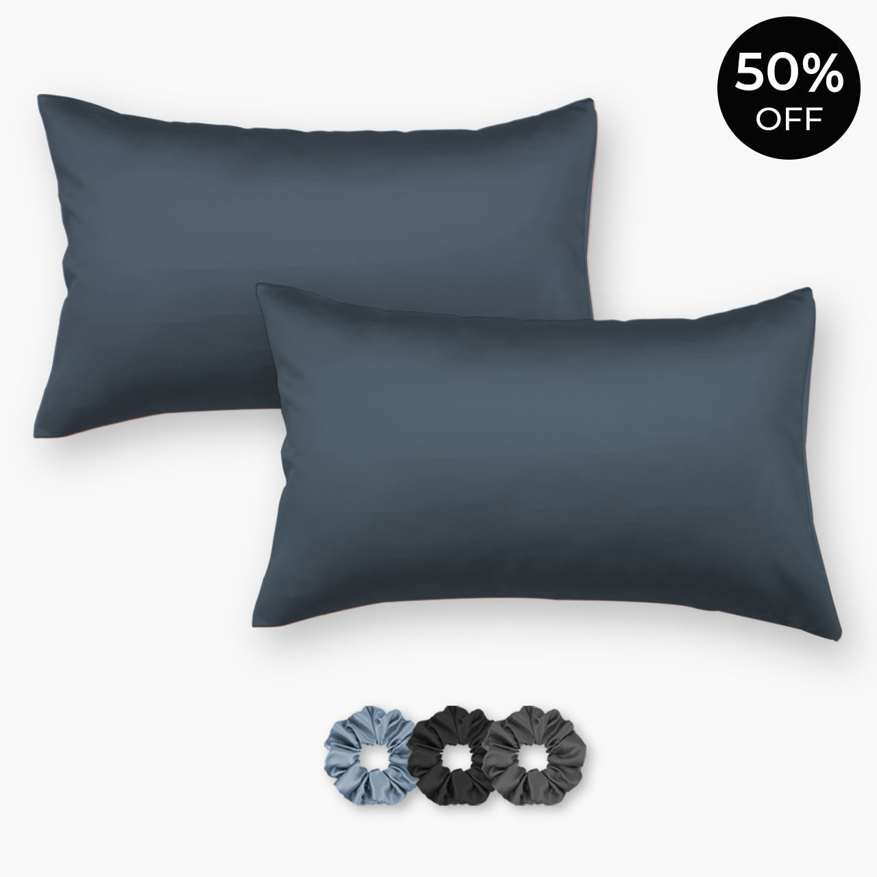 Dark Blue Satin Pillowcases - Set of 2 (With 3 Free Scrunchies)