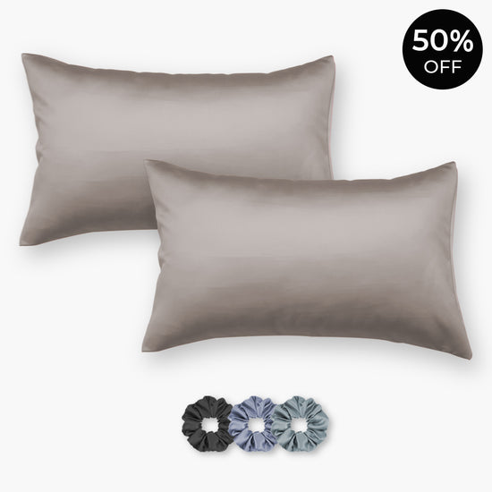 Grey Satin Pillowcases - Set of 2 (With 3 Free Scrunchies)