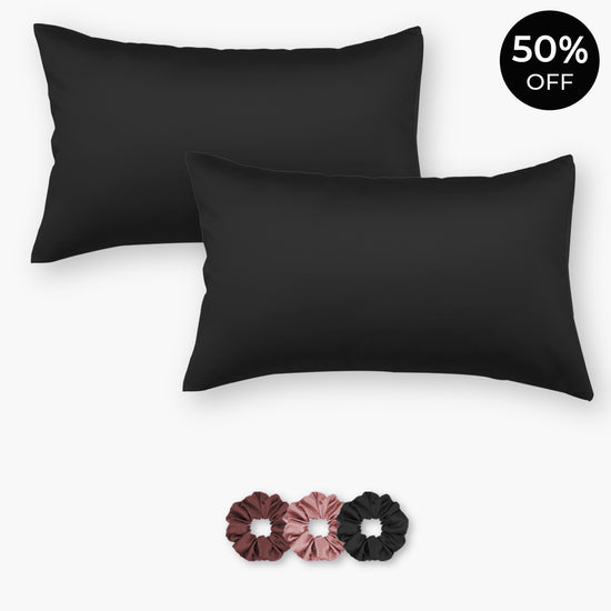 Black Satin Pillowcases - Set of 2 (With 3 Free Scrunchies)