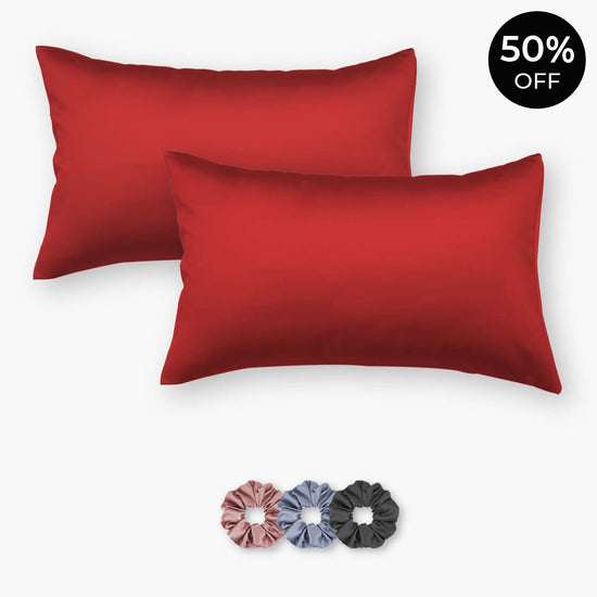 Red Satin Pillowcases - Set of 2 (With 3 Free Scrunchies)