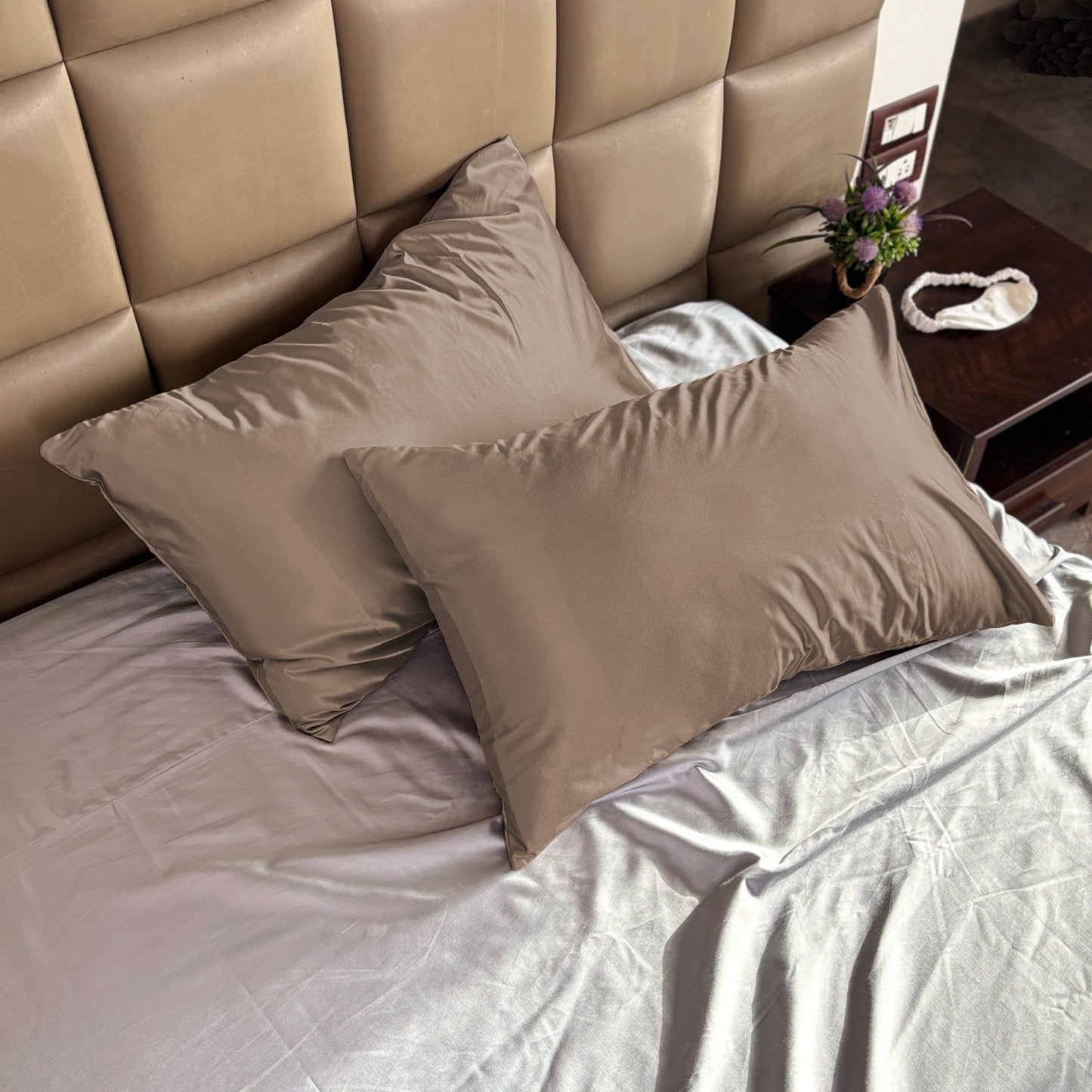 Brown Satin Pillow Covers - Set of 2 (With 3 Free Scrunchies) - Seevo.in
