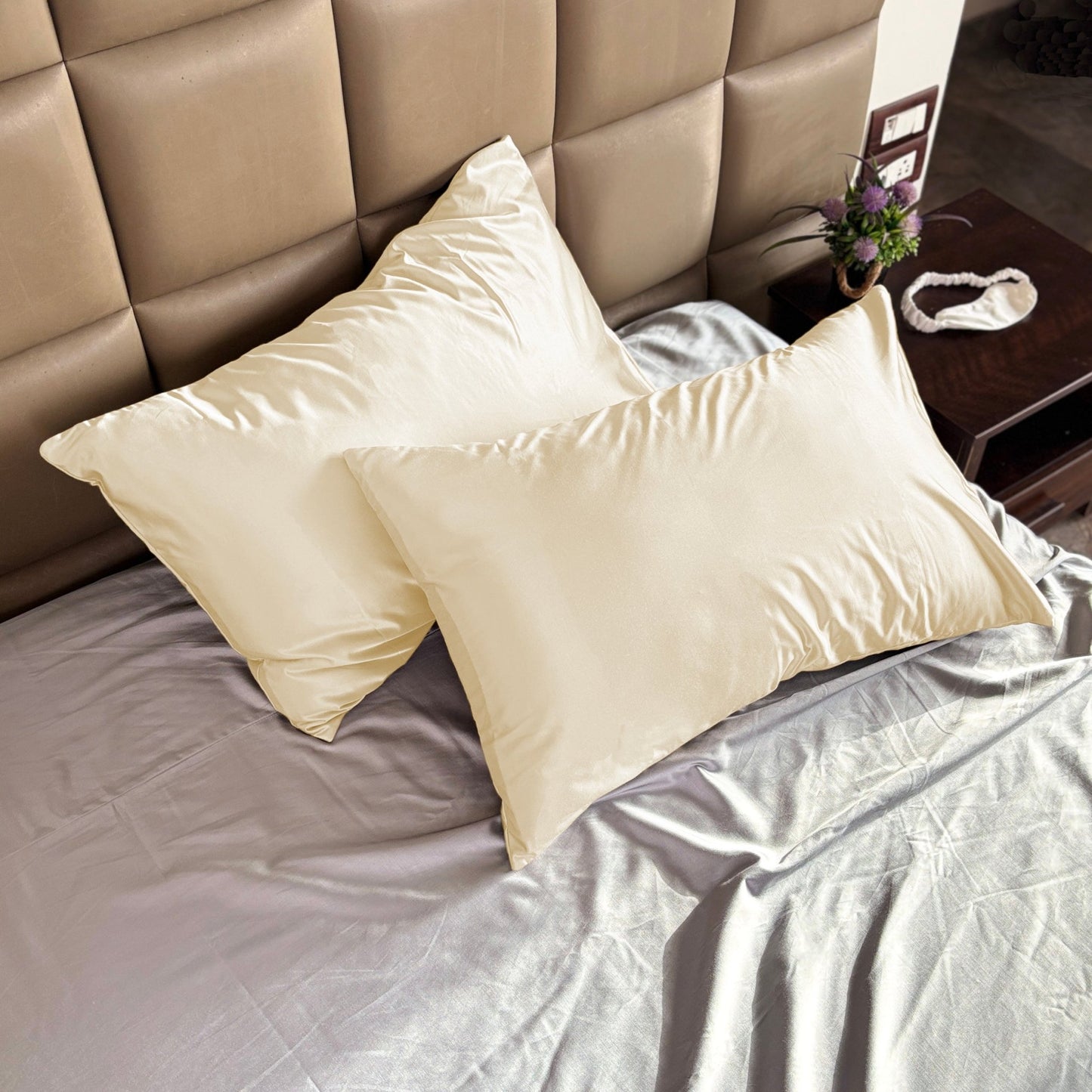 Cream Satin Pillow Covers - Set of 2 (With 3 free scrunchies) - Seevo.in
