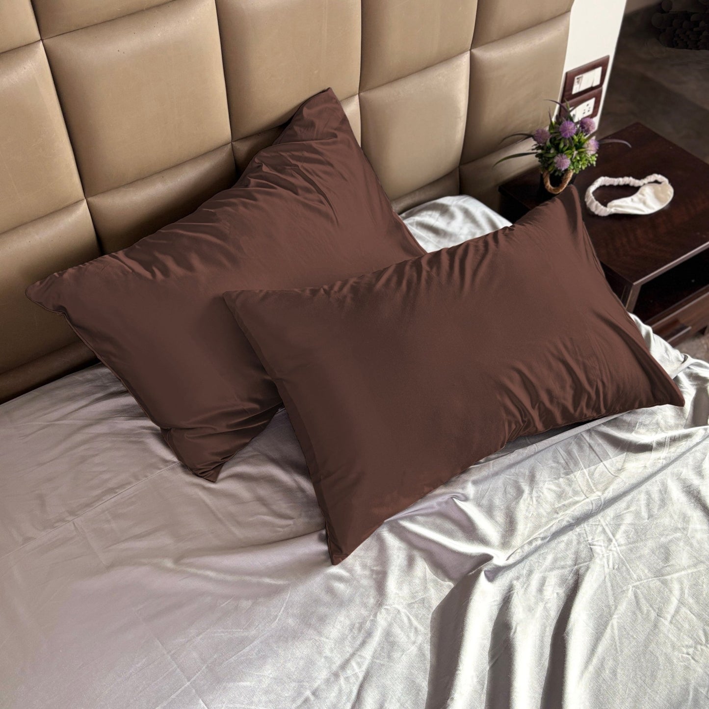 Dark Brown Satin Pillow Covers - Set of 2 (With 3 Free Scrunchies) - Seevo.in