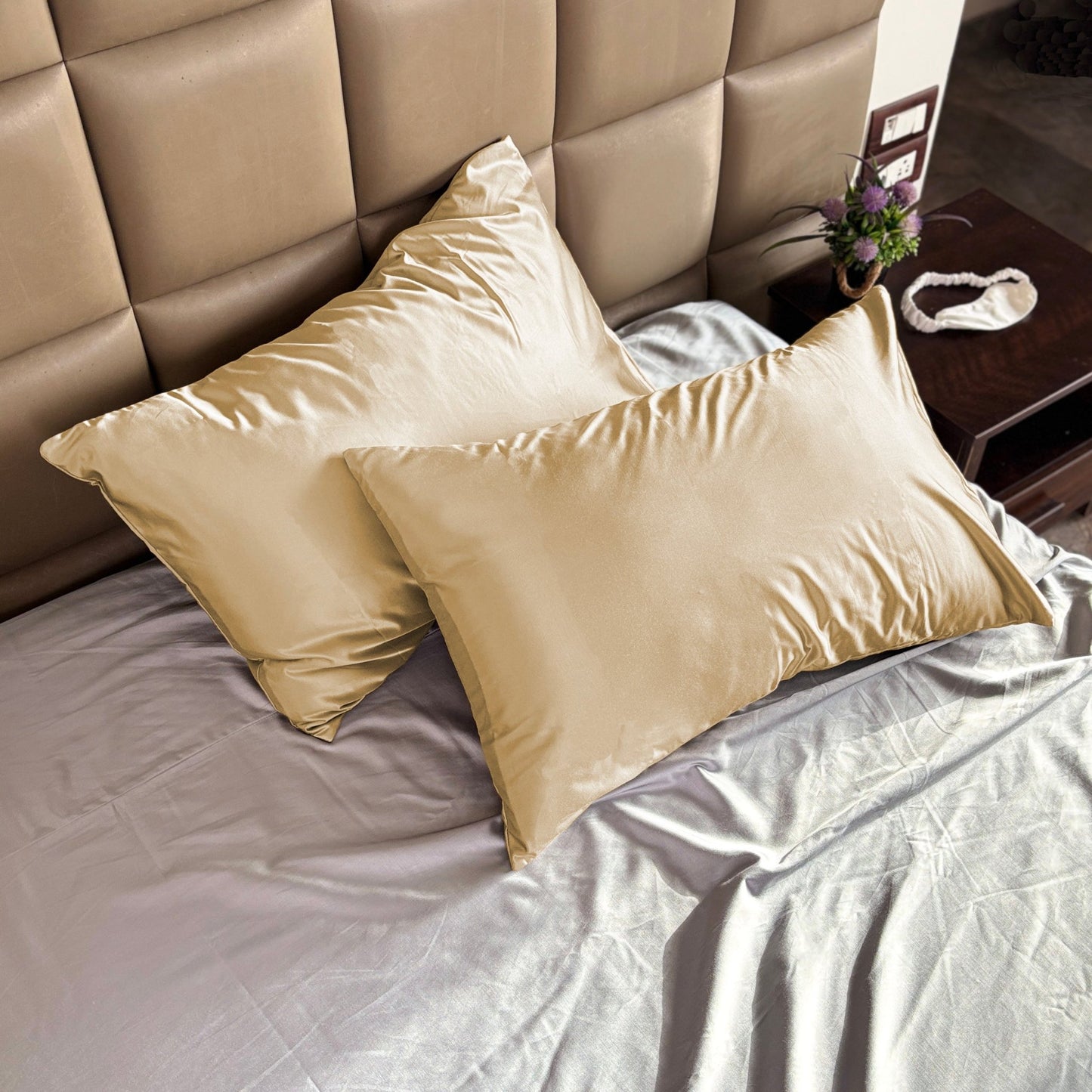 Gold Satin Pillow Covers - Set of 2 (With 3 free scrunchies) (Copy) - Seevo.in