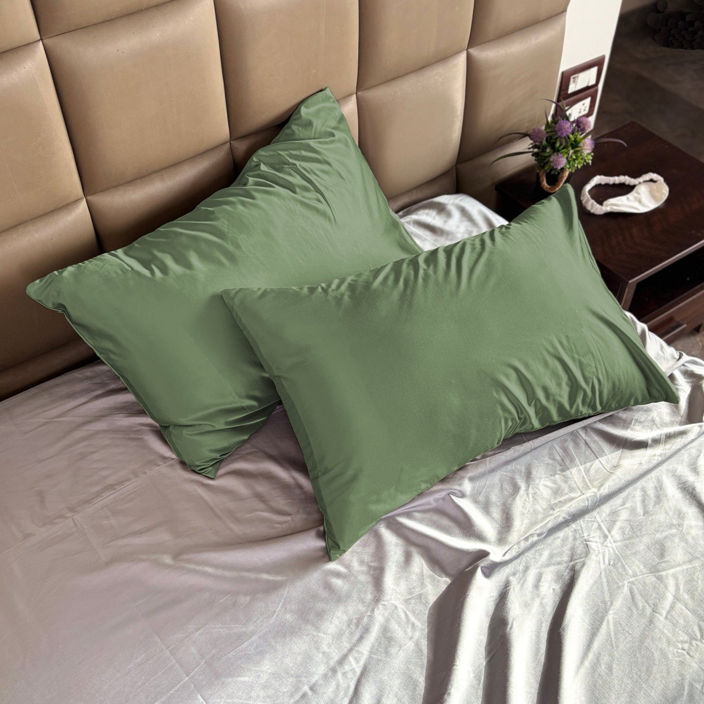 Green Satin Pillow Covers - Set of 2 (With 3 Free Scrunchies) - Seevo.in