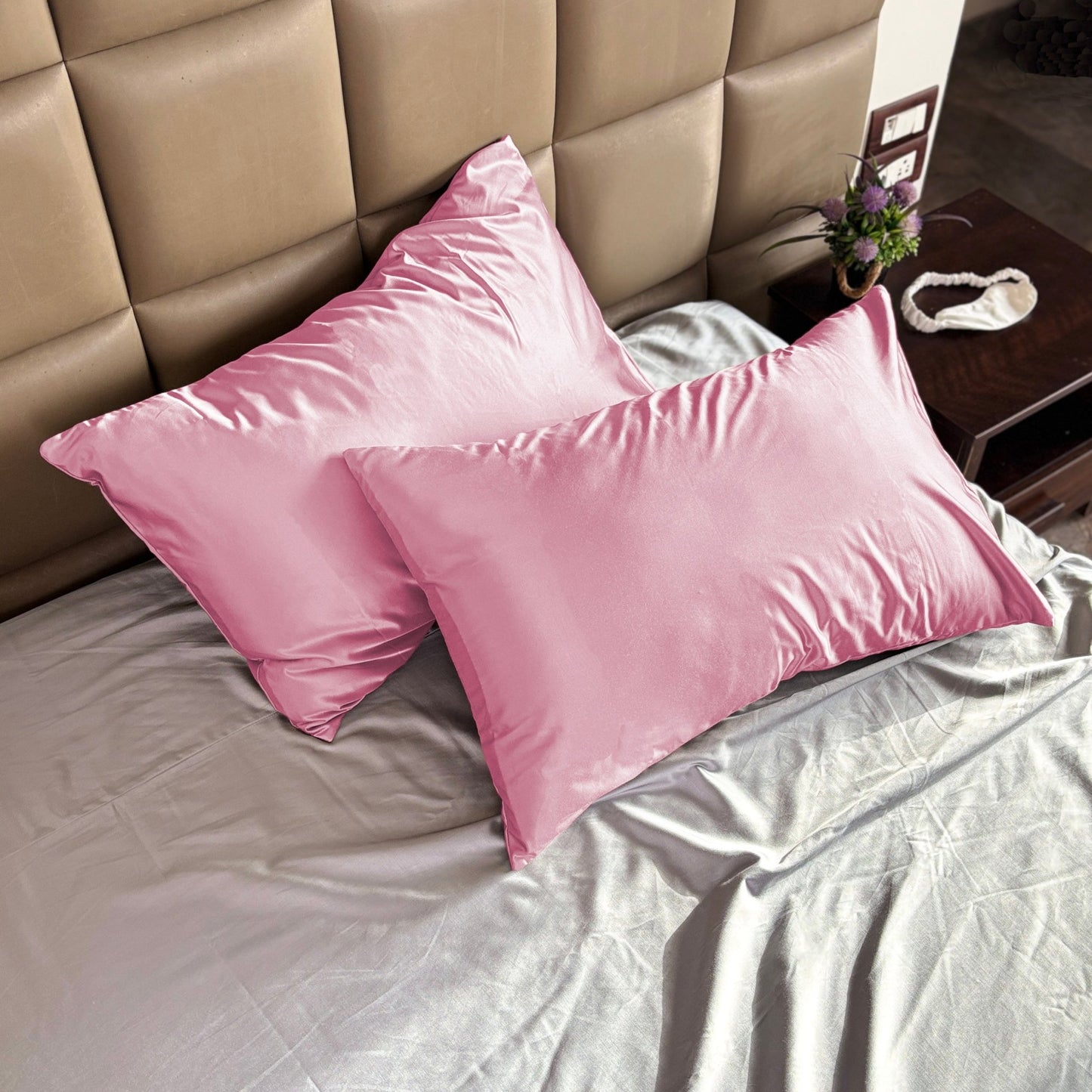 Lavender Satin Pillow Covers - Set of 2 (With 3 Free Scrunchies) - Seevo.in