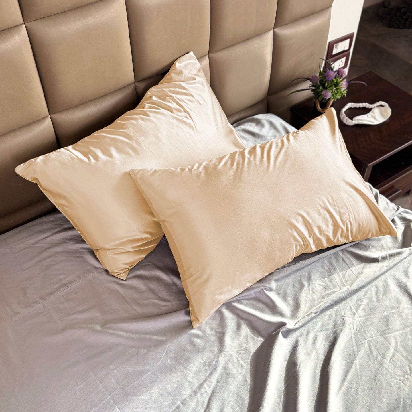 Light Gold Satin Pillow Covers - Set of 2 (With 3 free scrunchies) - Seevo.in