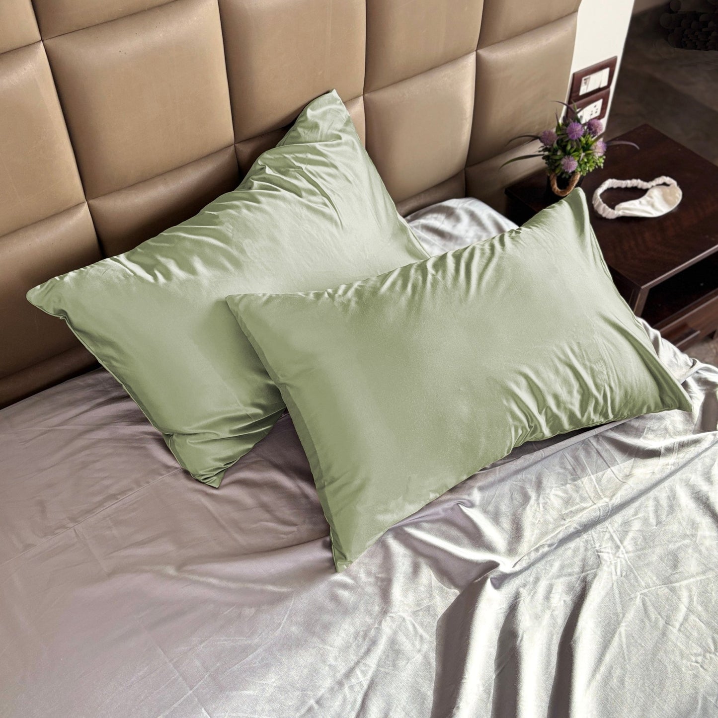 Light Green Satin Pillow Covers - Set of 2 (With 3 Free Scrunchies) - Seevo.in