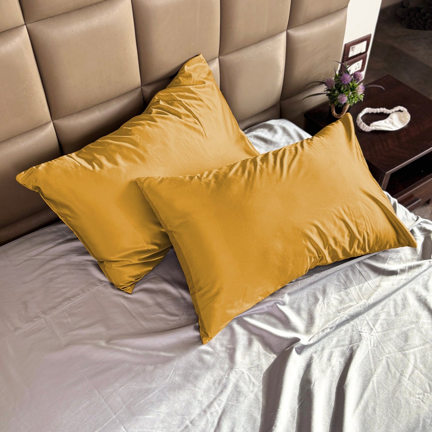 Mustard Satin Pillow Covers - Set of 2 (With 3 Free Scrunchies) - Seevo.in
