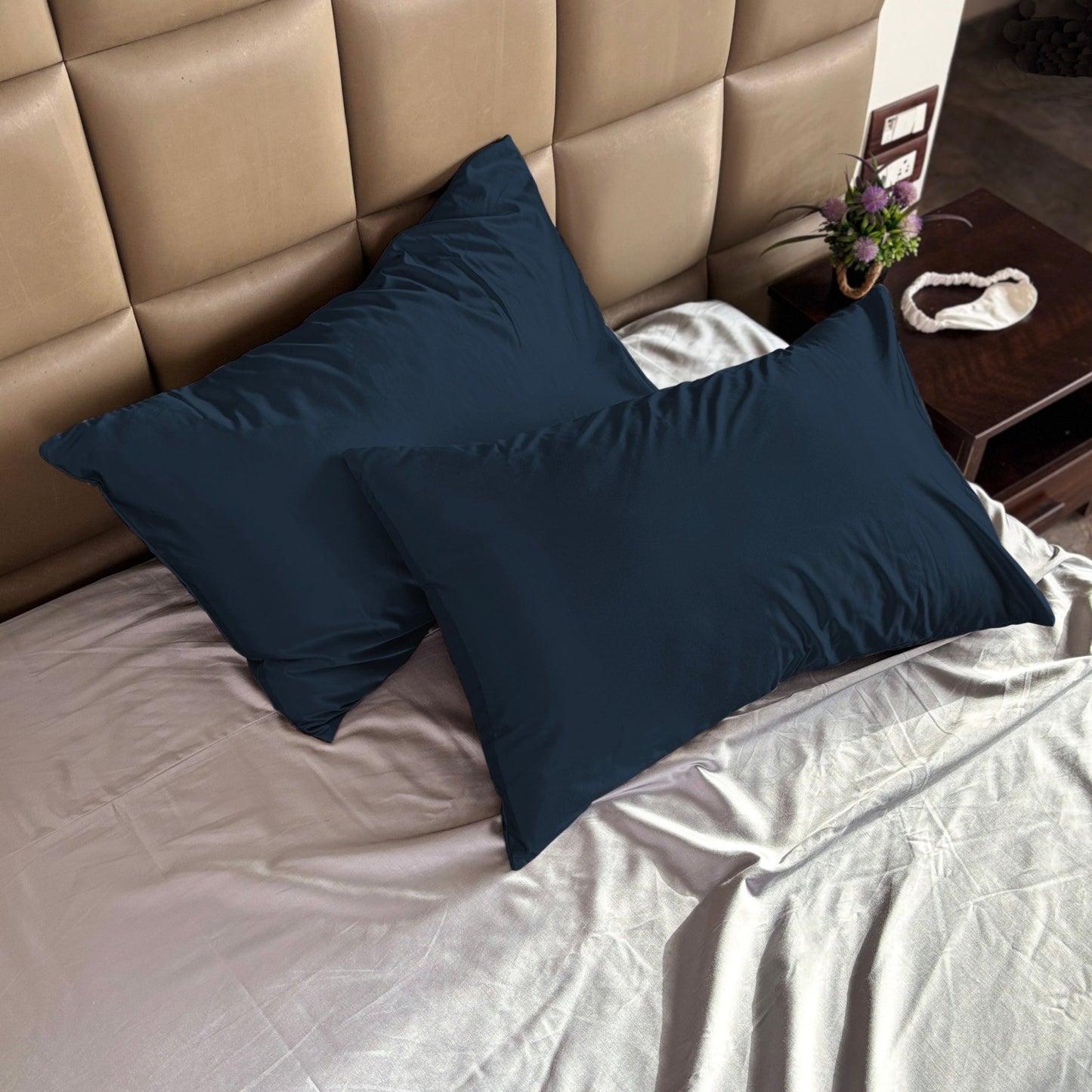 Navy Blue Satin Pillow Covers - Set of 2 (With 3 free scrunchies) - Seevo.in