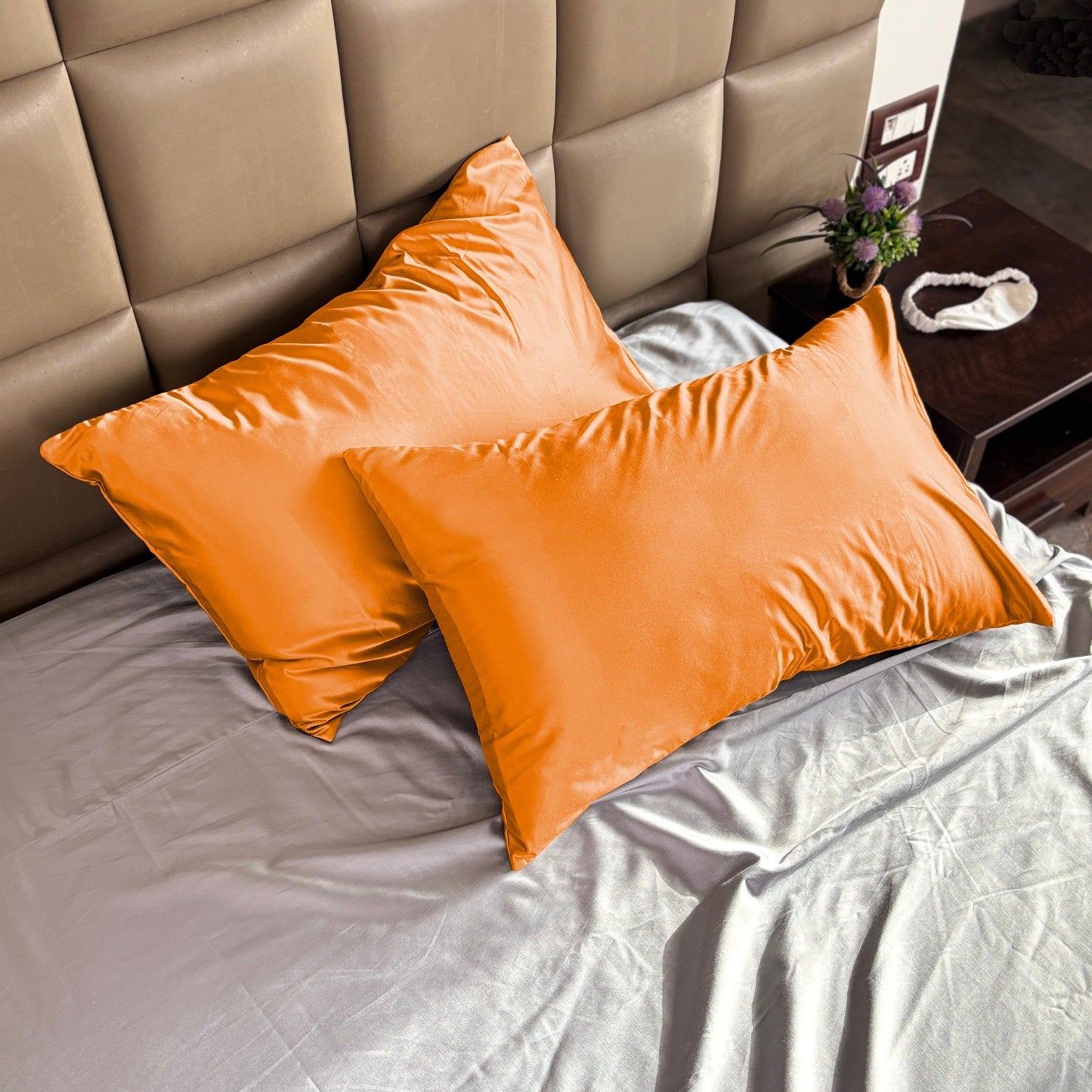 Orange Satin Pillow Covers - Set of 2 - Seevo.in