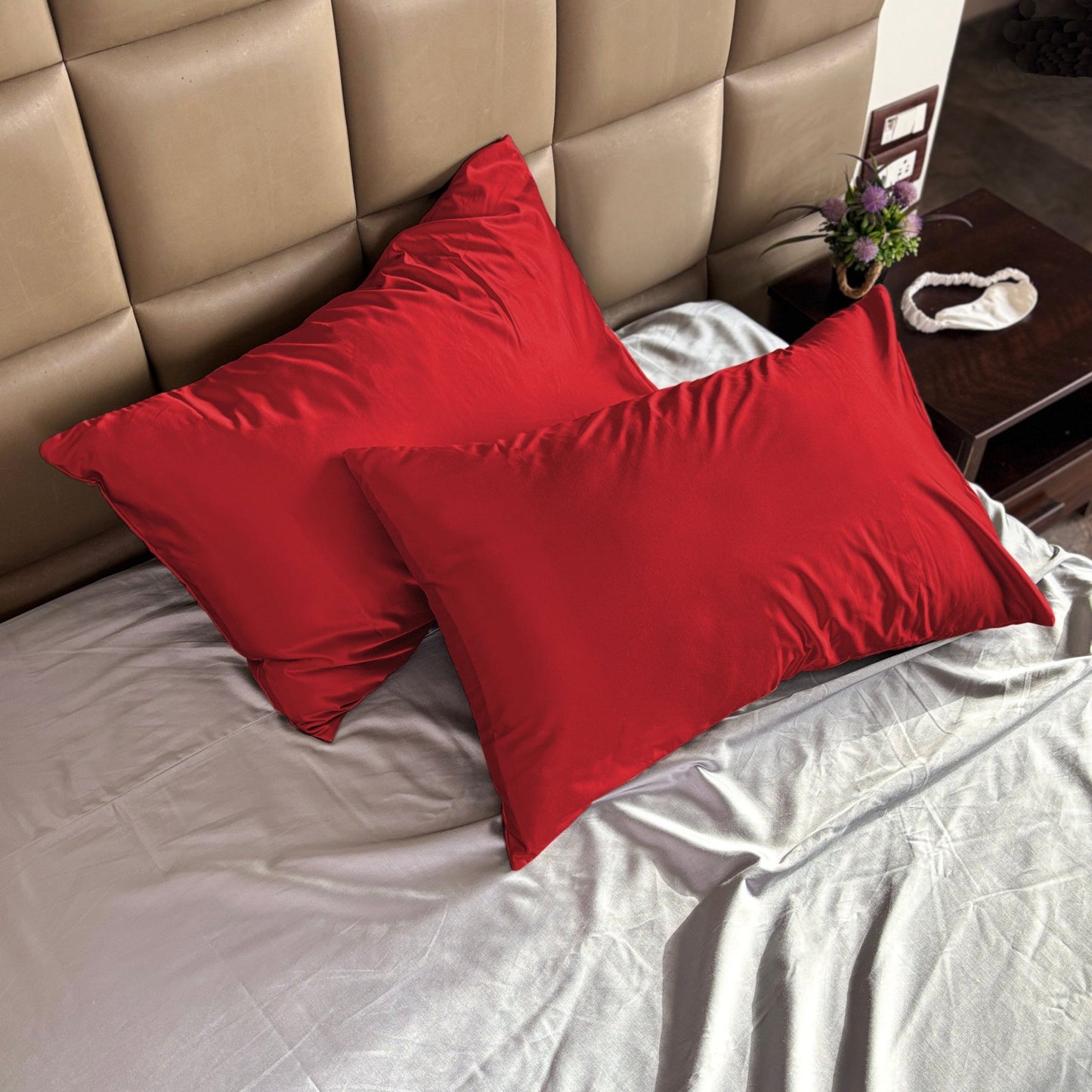 Red Satin Pillow Covers - Set of 2 (With 3 Free Scrunchies) - Seevo.in