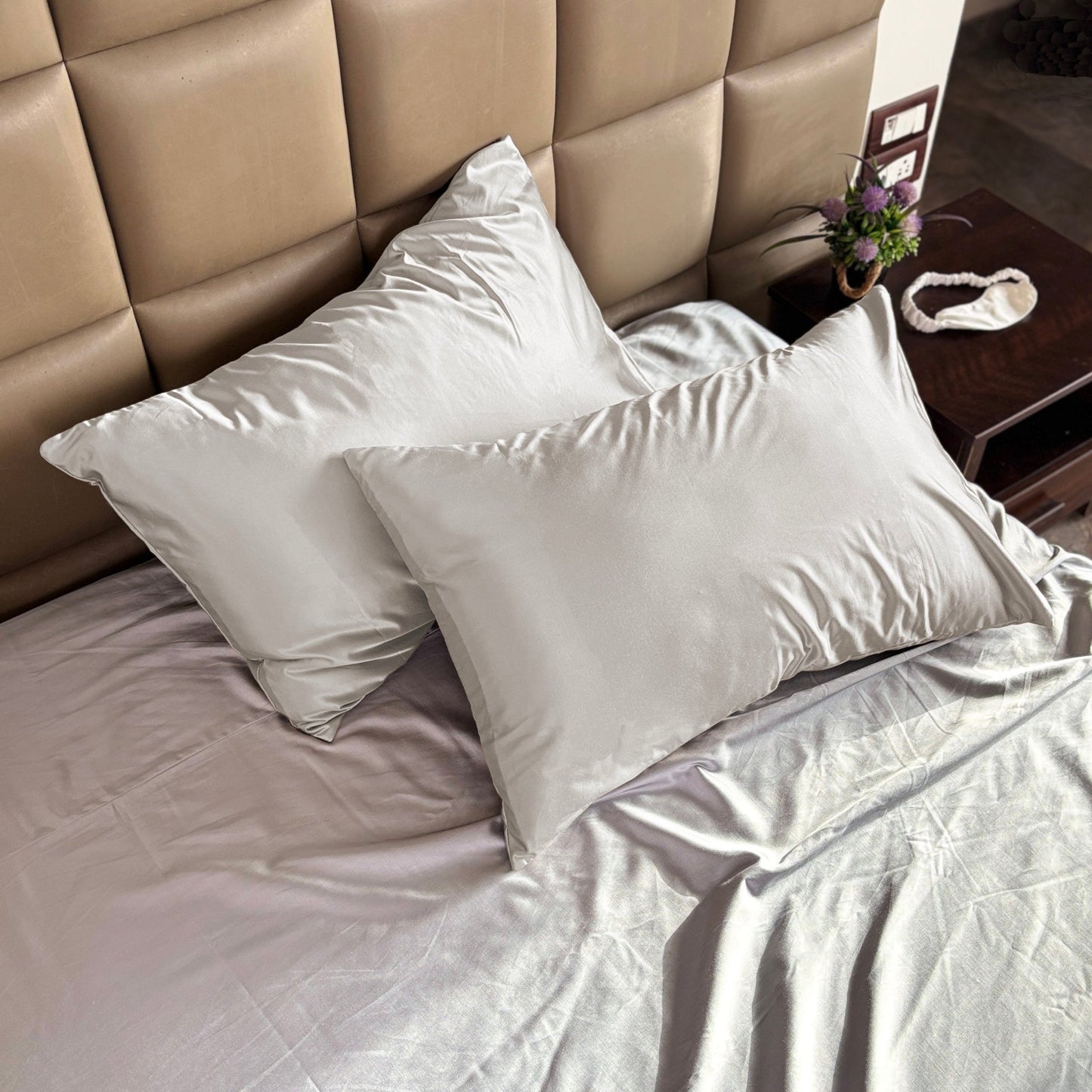 Silver Satin Pillow Covers - Set of 2 (With 3 Free Scrunchies) - Seevo.in