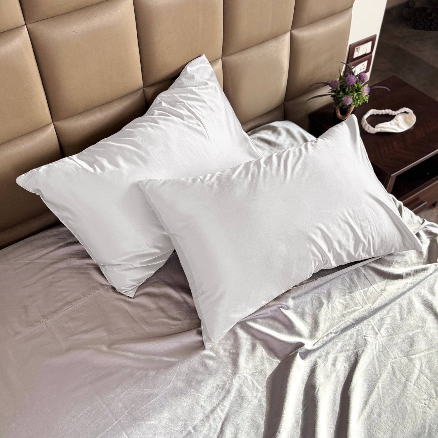 White Satin Pillow Covers - Set of 2 (With 3 Free Scrunchies) - Seevo.in