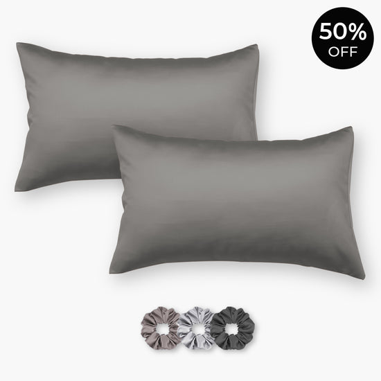 Metallic Grey Satin Pillowcases - Set of 2 (With 3 Free Scrunchies)