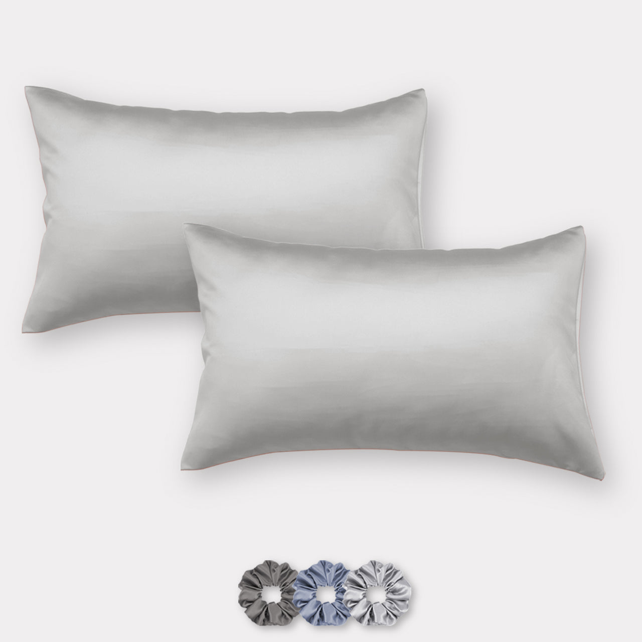Light Grey Satin Pillow Covers - Set of 2 (With 3 Free Scrunchies)