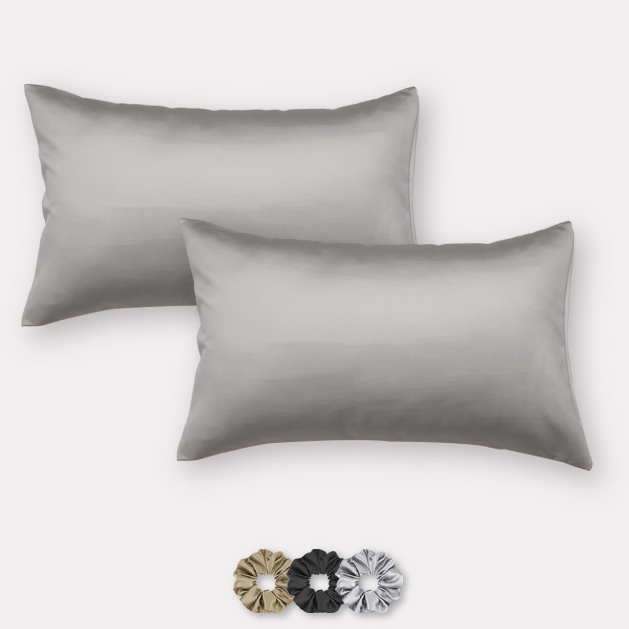Grey Satin Pillow Covers - Set of 2  (With 3 Free Scrunchies)