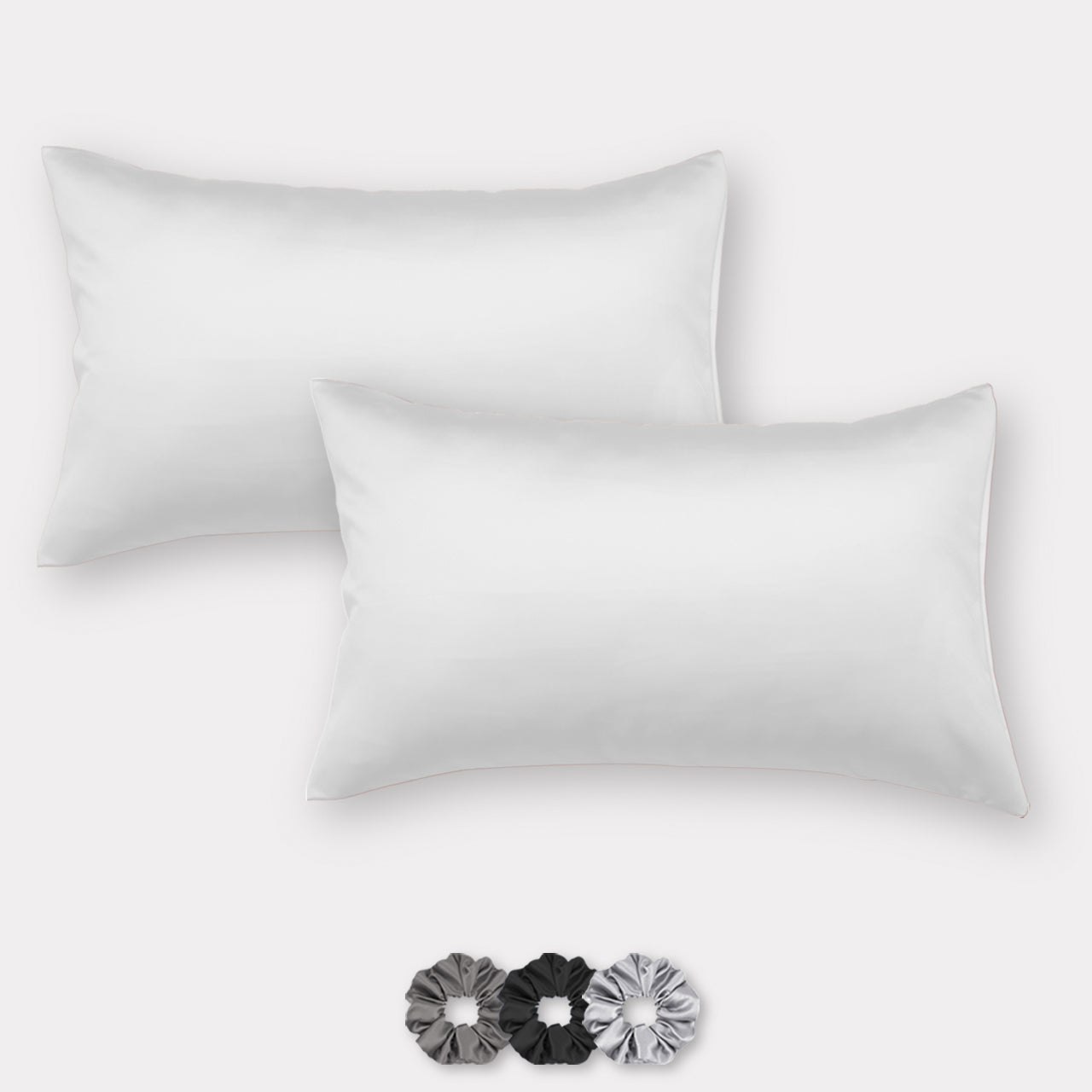 White Satin Pillow Covers - Set of 2 (With 3 Free Scrunchies)