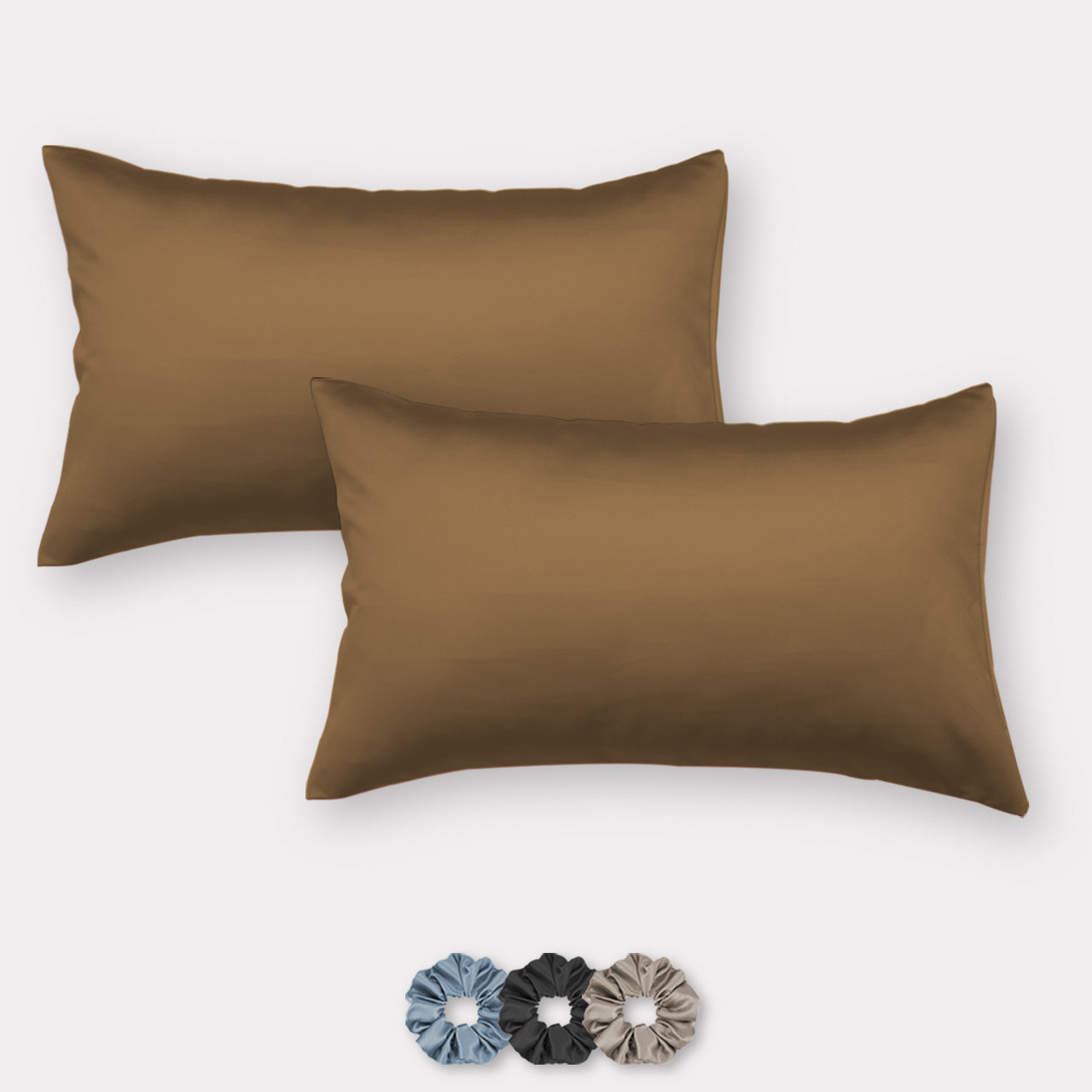 Brown Mocha Satin Pillow Covers - Set of 2 (With 3 Free Scrunchies)