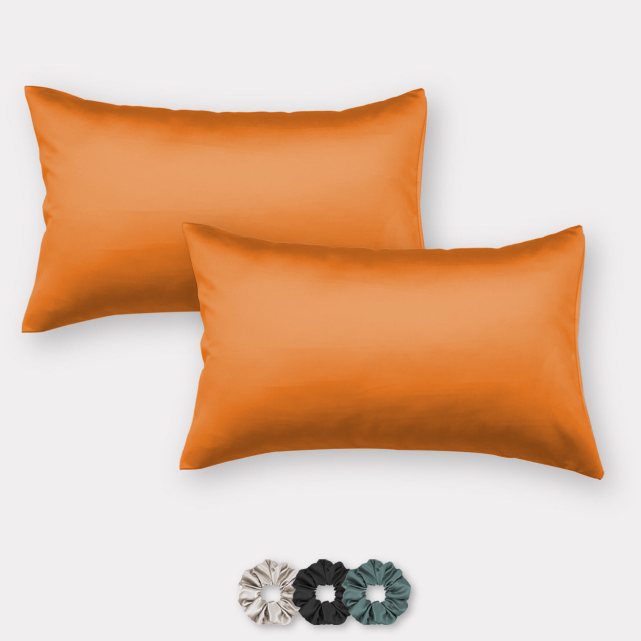 Orange Satin Pillow Covers - Set of 2 (With 3 Free Scrunchies)
