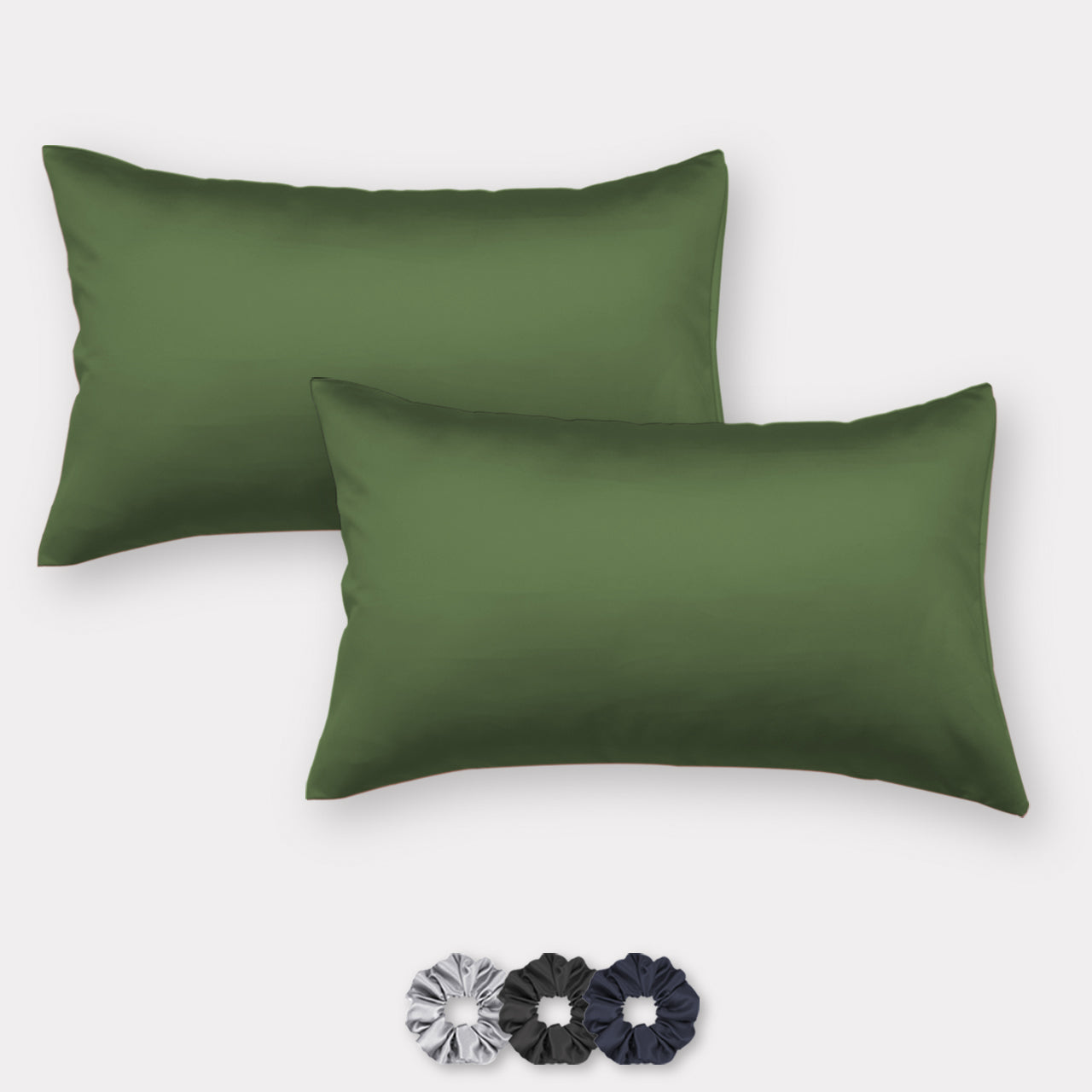 Dark Green Satin Pillow Covers - Set of 2 (With 3 Free Scrunchies)