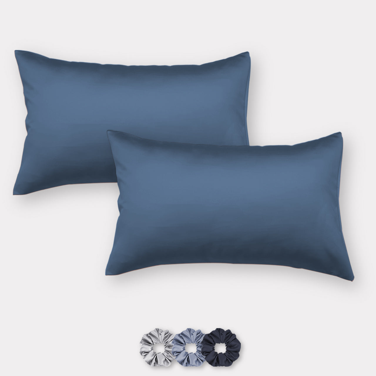 Dark Blue Satin Pillow Covers - Set of 2 (With 3 Free Scrunchies