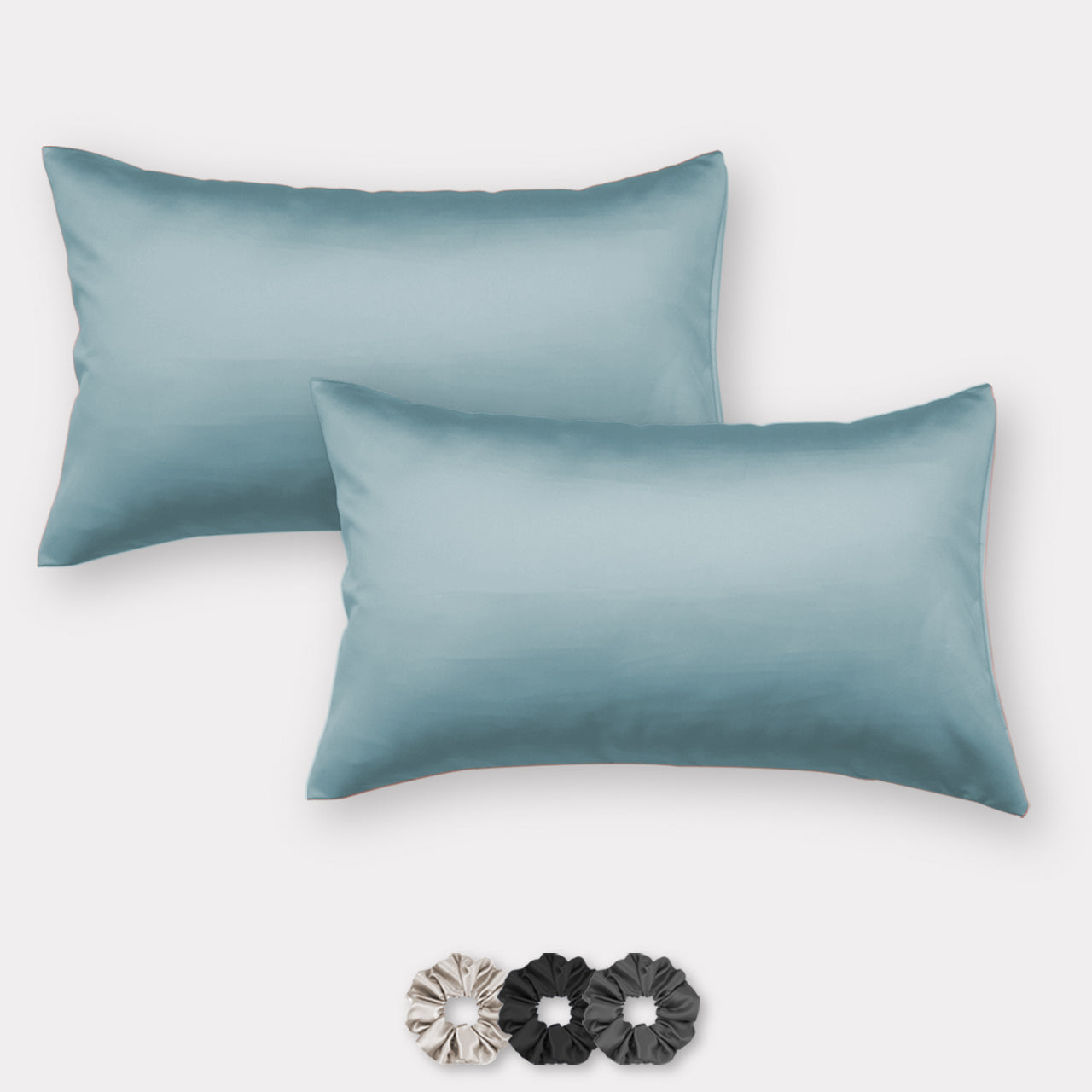 Sky Blue Satin Pillow Covers - Set of 2 (With 3 Free Scrunchies)