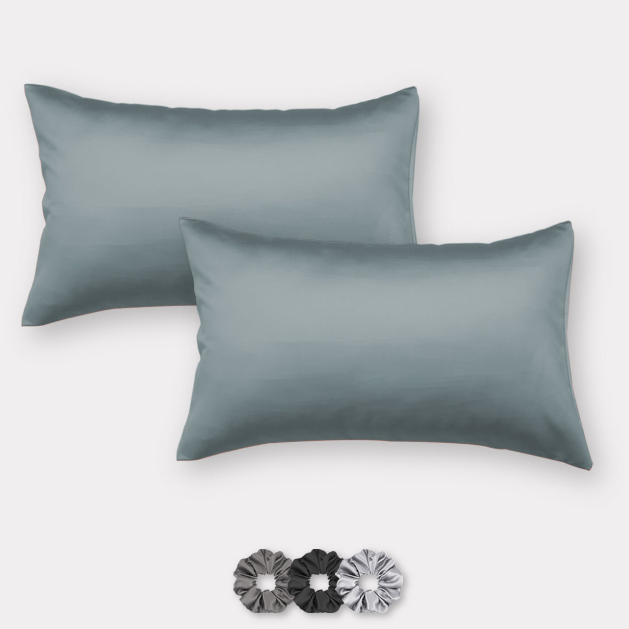Steel Grey Satin Pillow Covers - Set of 2 (With 3 Free Scrunchies)