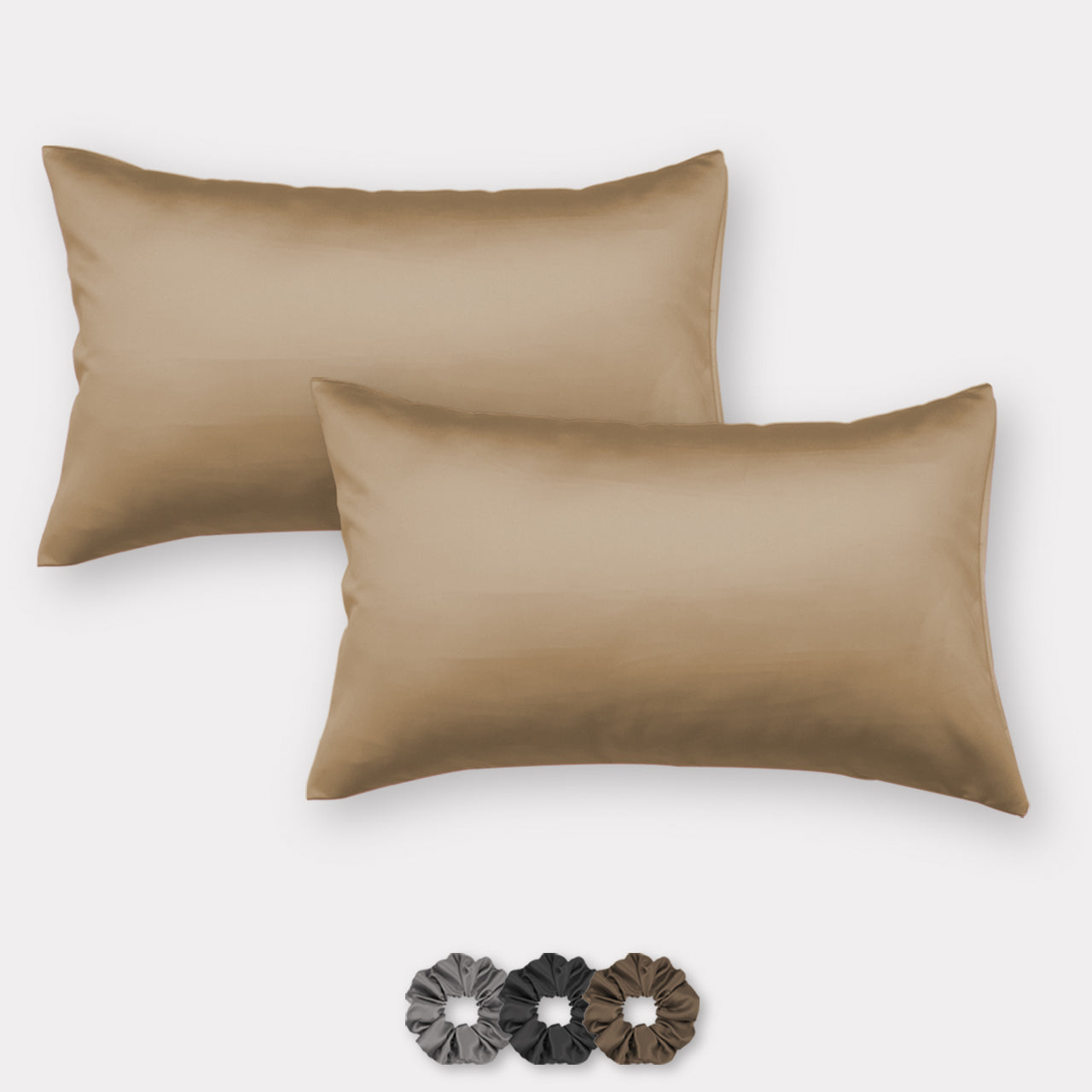 Tan Satin Pillow Covers - Set of 2 (With 3 Free Scrunchies)