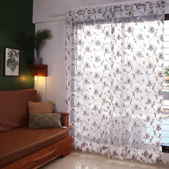 Sheer Curtains Brown Embroidered - Set of 2