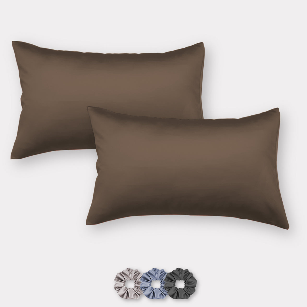 Dark Brown Satin Pillow Covers - Set of 2 (With 3 Free Scrunchies)