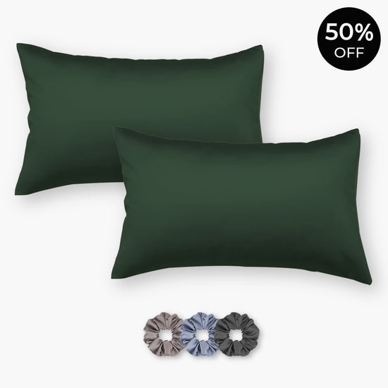 Dark Green  Satin Pillowcases - Set of 2 (With 3 Free Scrunchies)