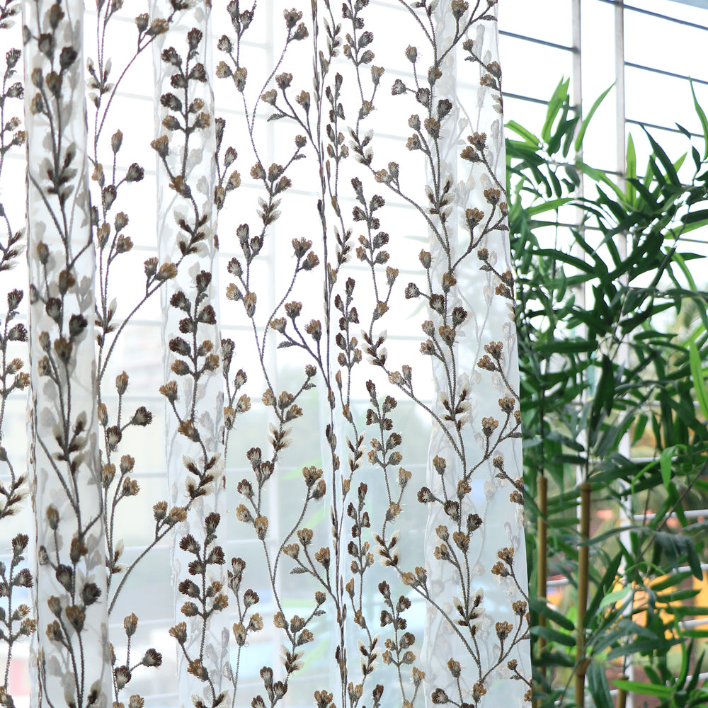 Sheer Curtains Green Embroidered - Set of 2