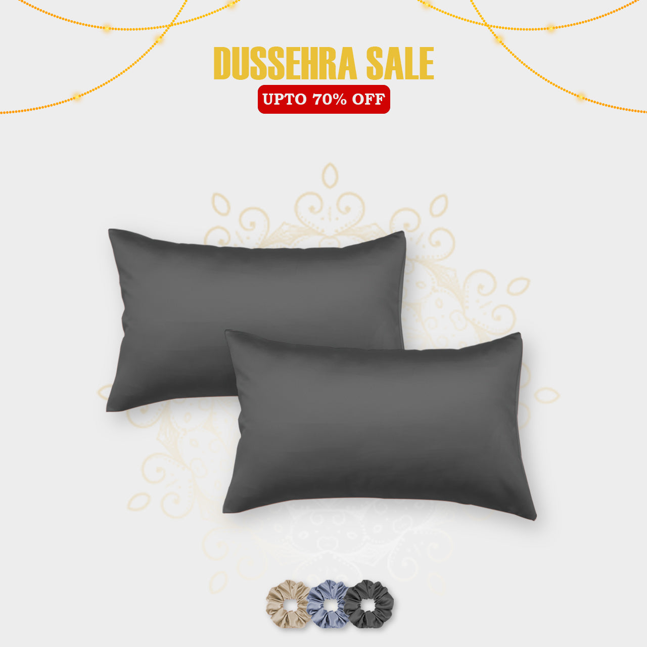 Metallic Grey Satin Pillow Covers - Set of 2 (With 3 Free Scrunchies)