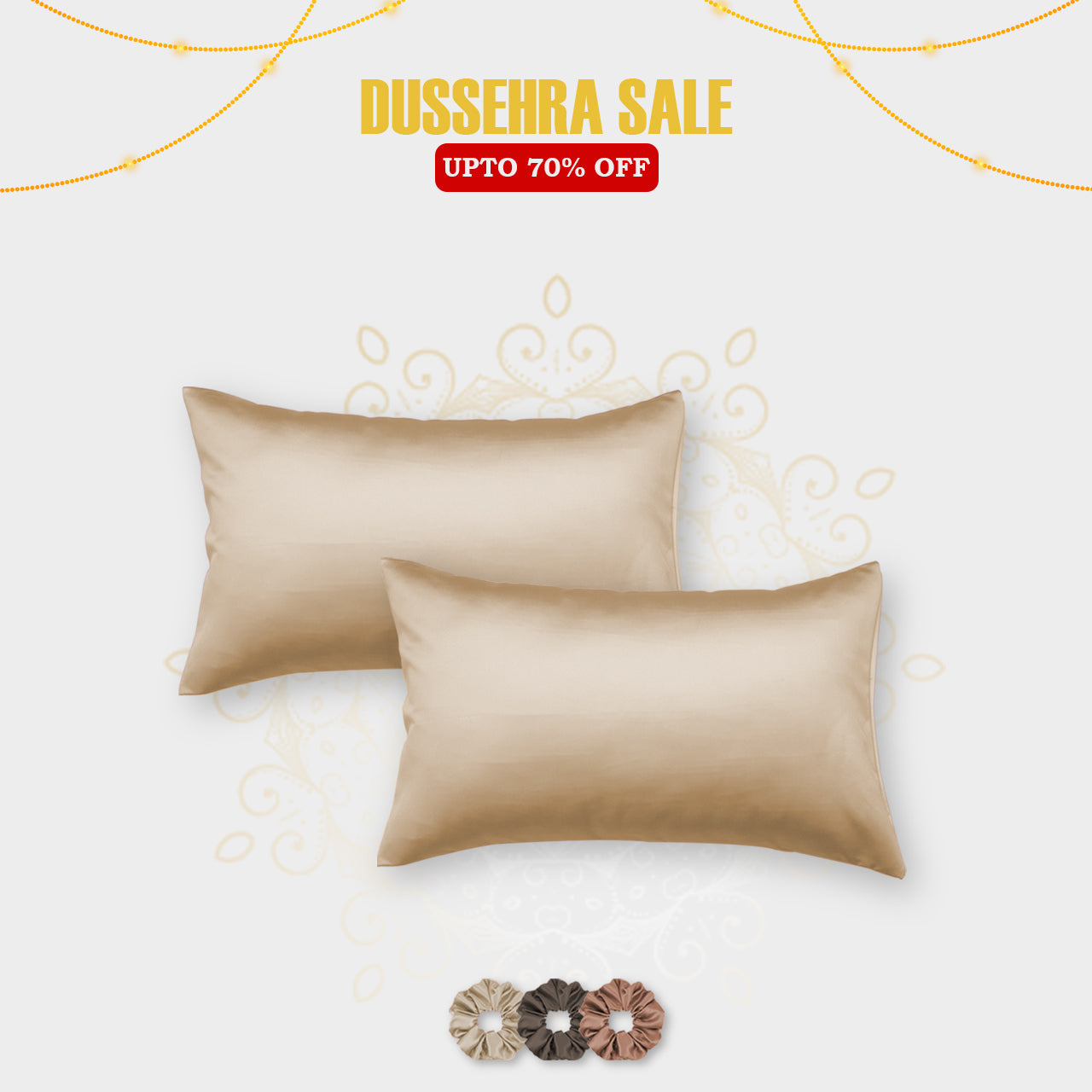 Light Gold Satin Pillow Covers - Set of 2 (With 3 Free Scrunchies)