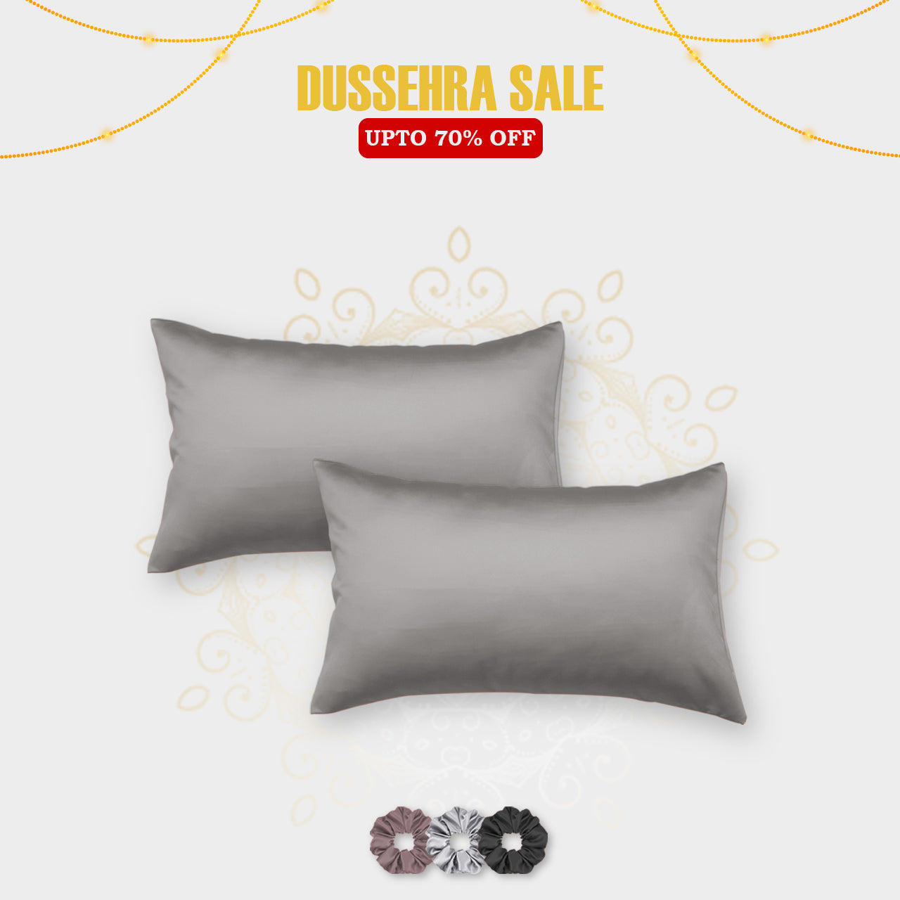 Grey Satin Pillow Covers - Set of 2  (With 3 Free Scrunchies)