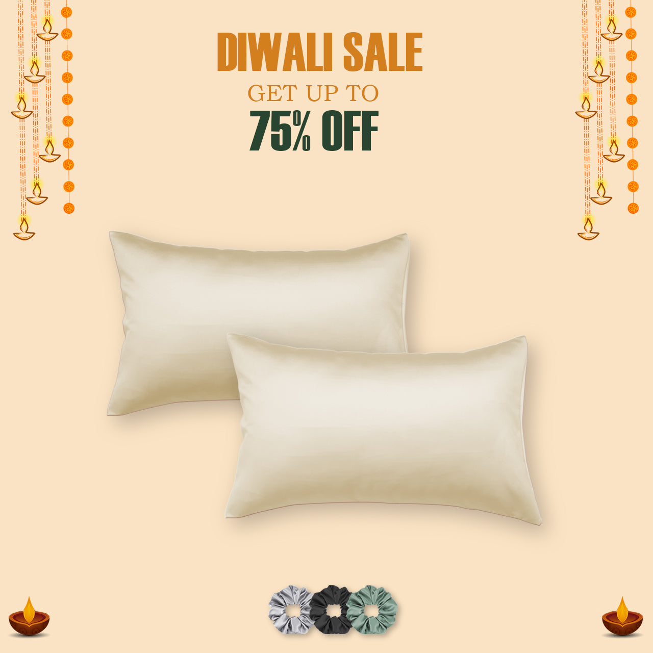 Cream Satin Pillow Covers, Set of 2 With 3 Free Scrunchies by Seevo, photo 7