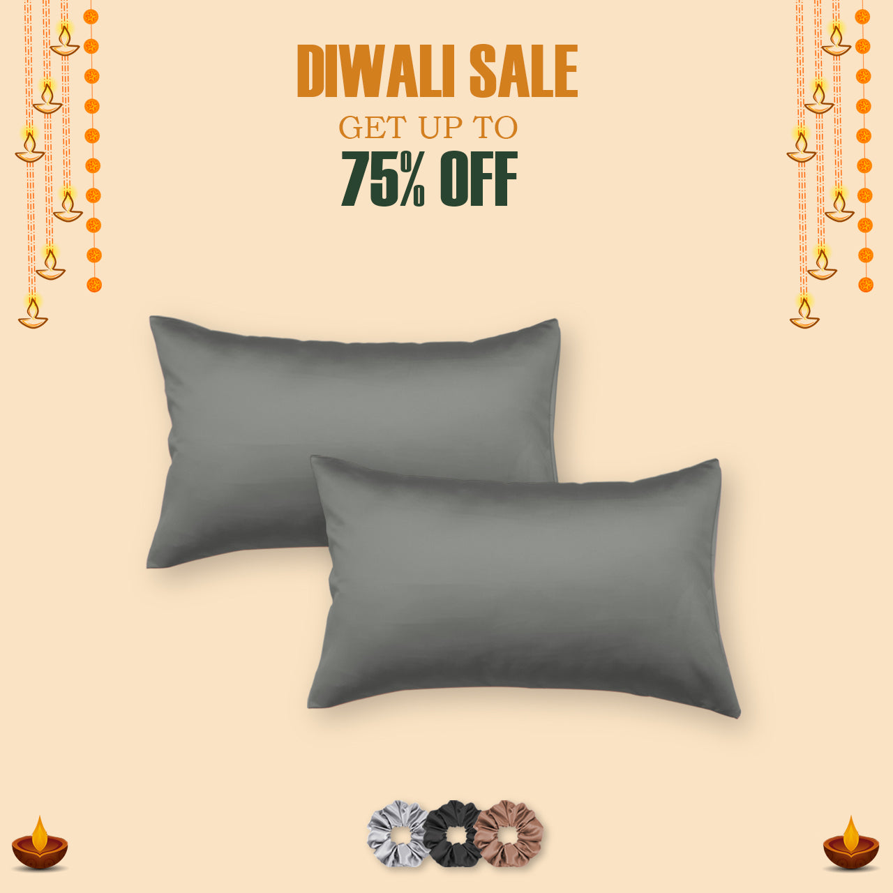 Dark Grey Satin Pillow Covers, Set of 2 With 3 Free Scrunchies by Seevo, photo 12