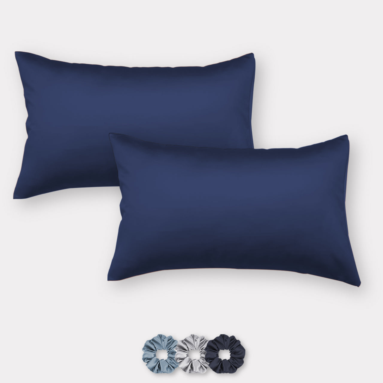 Navy Blue Satin Pillow Covers - Set of 2 (With 3 Free Scrunchies)