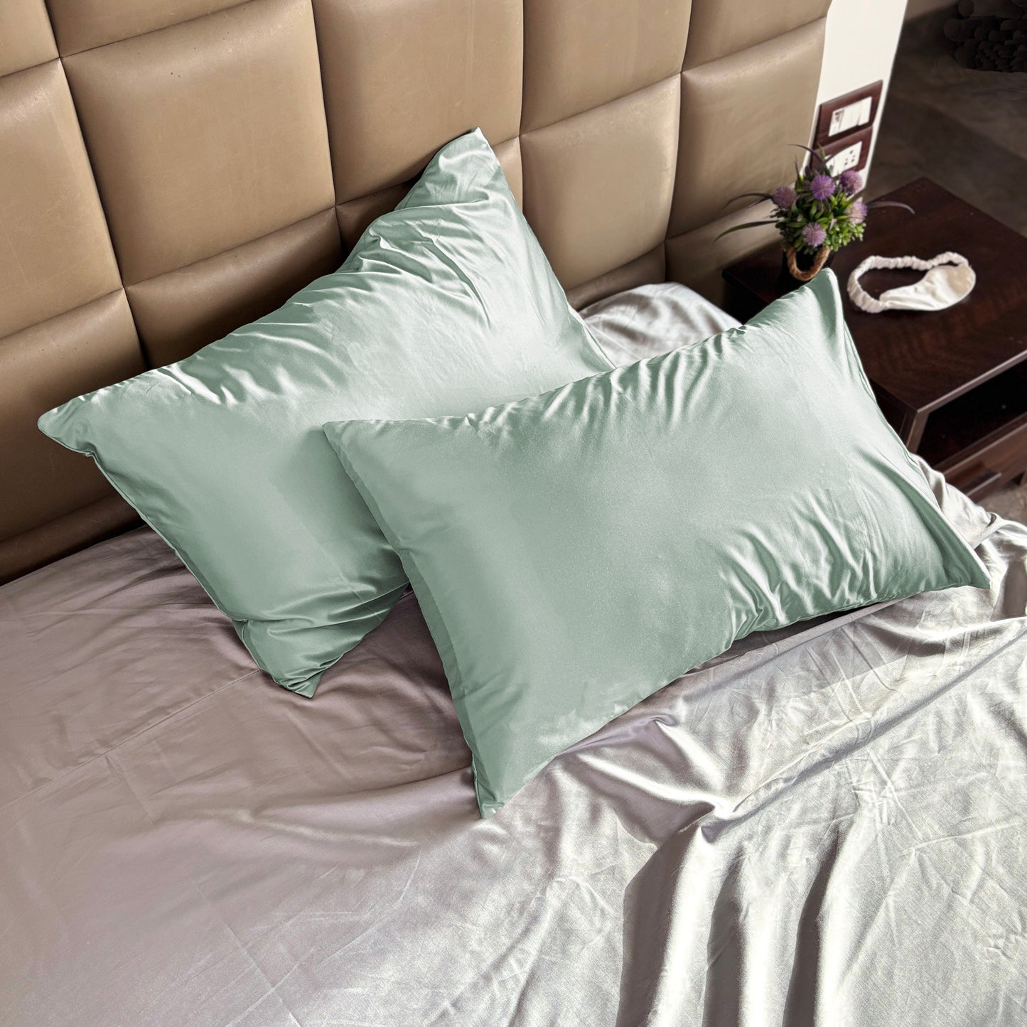 Light Blue Satin Pillow Covers - Set of 2 (With 3 Free Scrunchies)