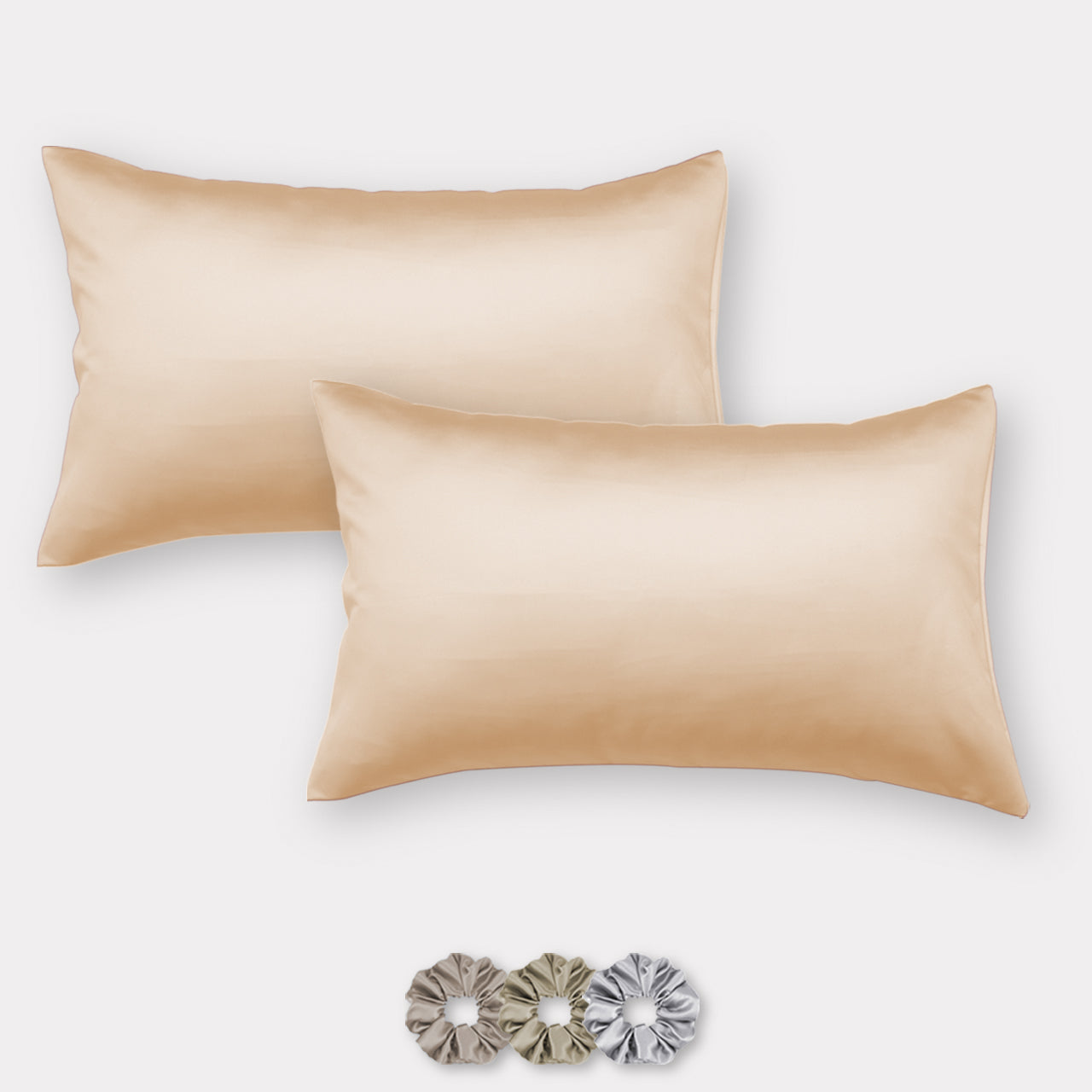 Light Gold Satin Pillow Covers - Set of 2 (With 3 Free Scrunchies)