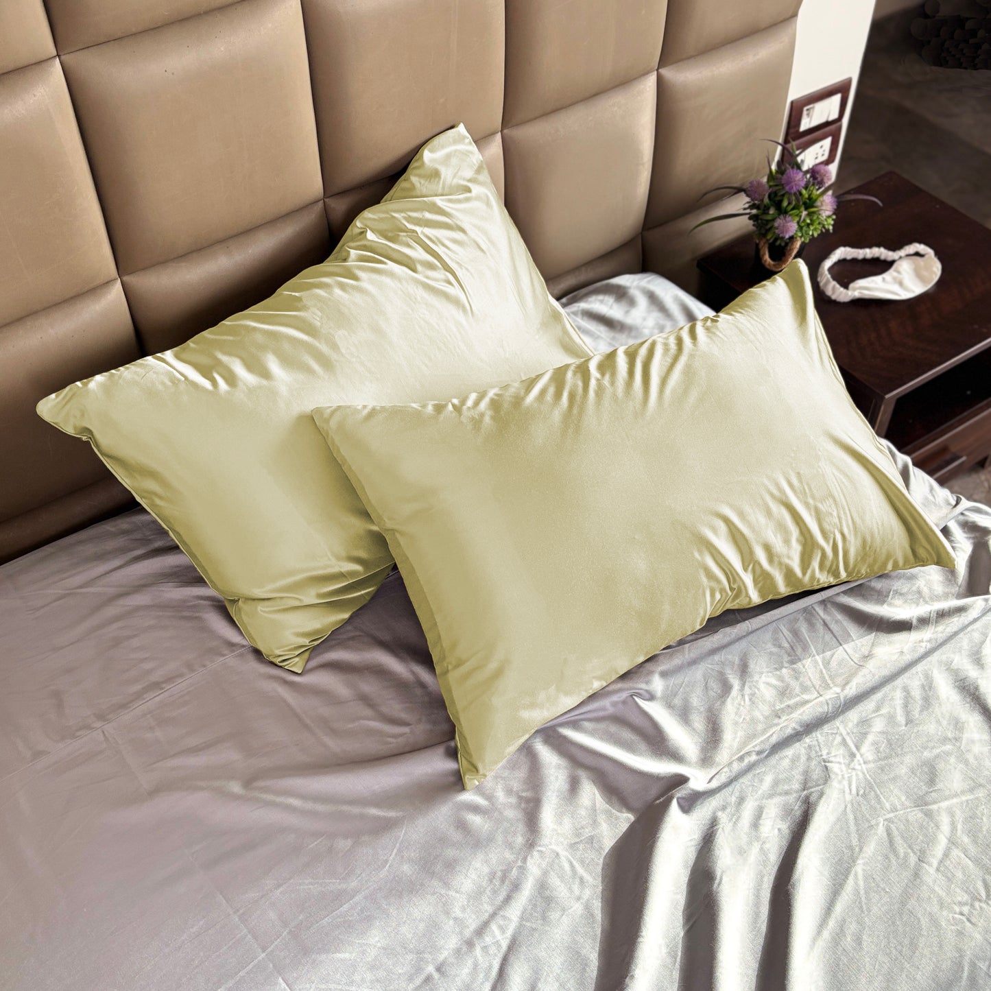 Pista Green Satin Pillow Covers - Set of 2 (With 3 Free Scrunchies)