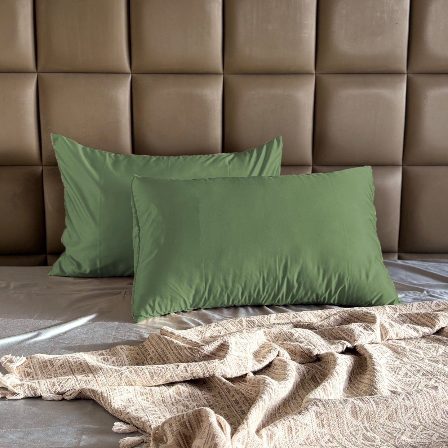 Green Satin Pillow Covers - Set of 2 - Seevo.in