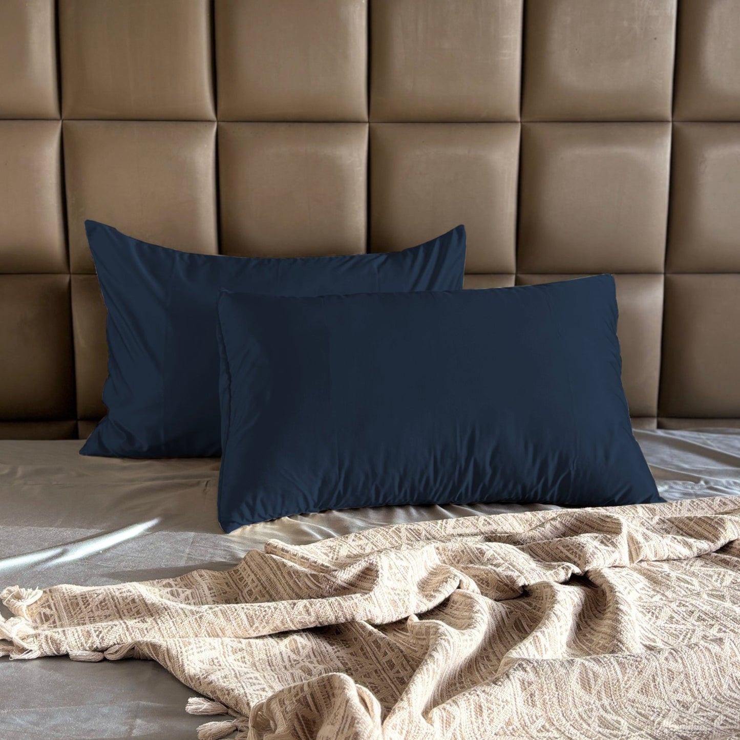 Navy Blue Satin Pillow Covers - Set of 2 - Seevo.in