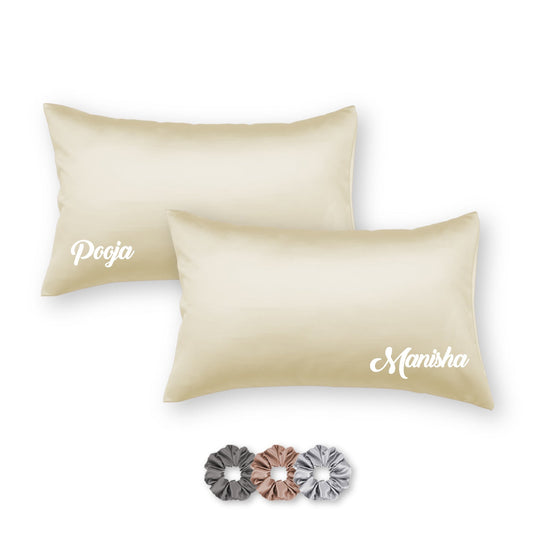 Personalized Satin Pillow Covers - Pack of 2 (With 3 free scrunchies) - Seevo.in