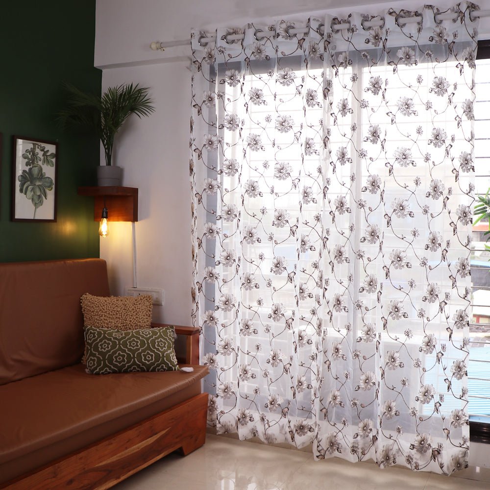 Sheer Curtains Brown Embroidered - Set of 2 - Seevo.in