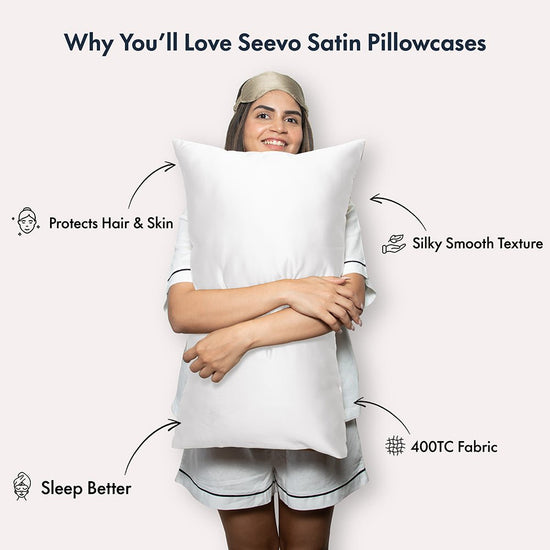 White Satin Pillow Covers - Set of 2 (With 3 Free Scrunchies) - Seevo.in